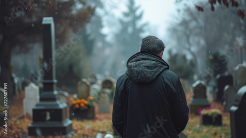 Solemn man in a black coat mourning at a cemetery in the rain