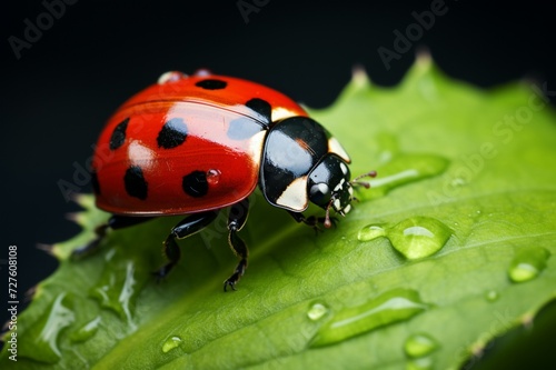 : A close-up of a ladybug crawling on a leaf, its vivid red contrasting with the greenery.