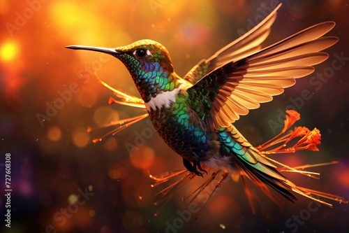   A close-up of a hummingbird hovering near a vibrant flower  with its iridescent feathers catching the sunlight.