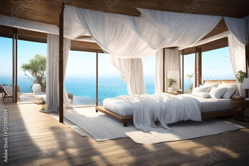A coastal Mediterranean bedroom with a canopy bed, sheer white curtains, and a private terrace overlooking the sea.
