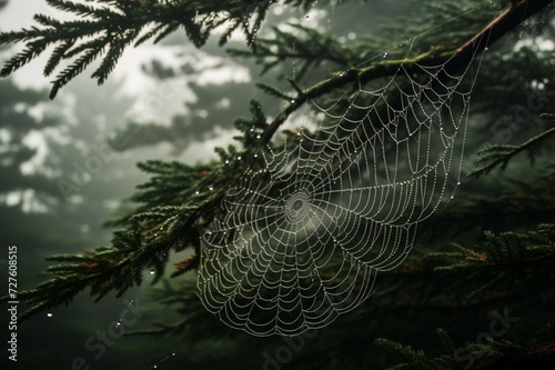 : A close-up of a dew-covered spider web in a misty forest, capturing the intricate details of nature's artistry.