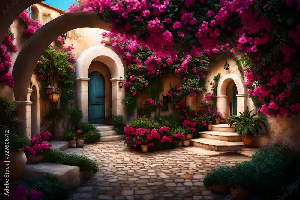 A Mediterranean-inspired courtyard with an arched stone entrance, cobblestone pathways, and vibrant bougainvillea.