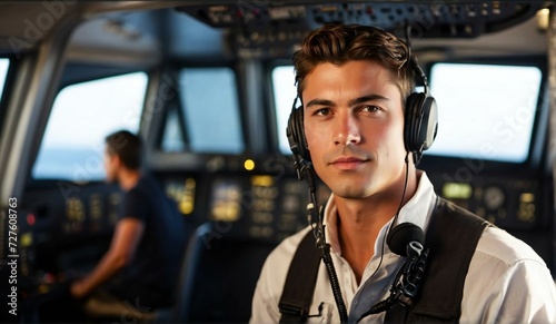 portrait of young captain pilot in the cockpit. Generative AI
