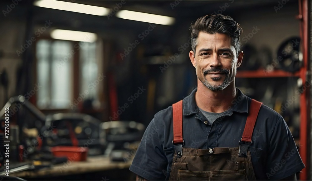 professional male mechanic model, with a workshop and space area background, for web business modeling needs, banners, posters. Generative AI professional male mechanic model, with a workshop and space area background, for web business modeling needs, banners, posters. Generative AI