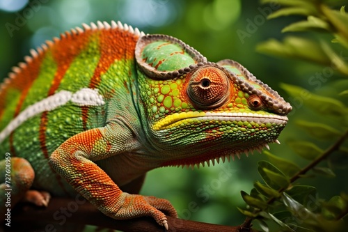   A close-up of a chameleon blending seamlessly into its natural surroundings.