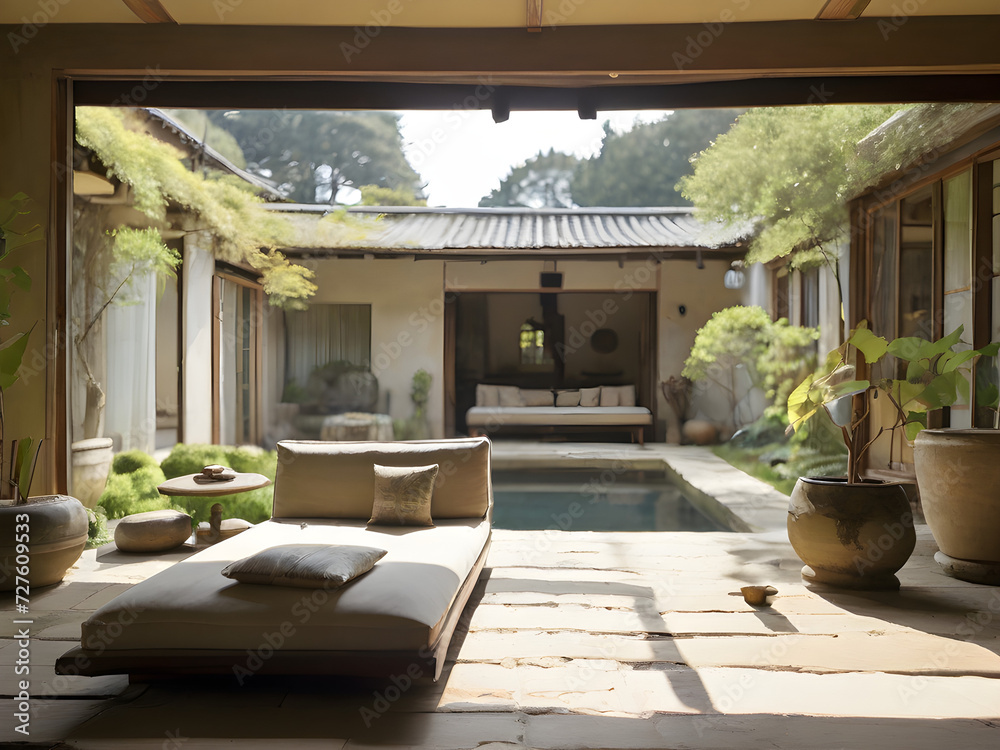 Generative KI sonniges Wabi Sabi Wohnzimmer mit Garten und Pool im Hintergrund Generative KI sonniges Wabi Sabi Wohnzimmer mit Garten und Pool im Hintergrund