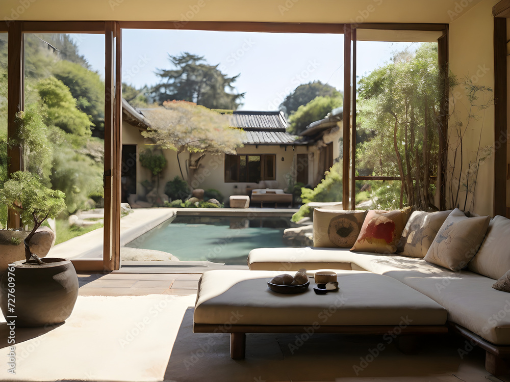 Fototapeta premium Generative KI sonniges Wabi Sabi Wohnzimmer mit Garten und Pool im Hintergrund