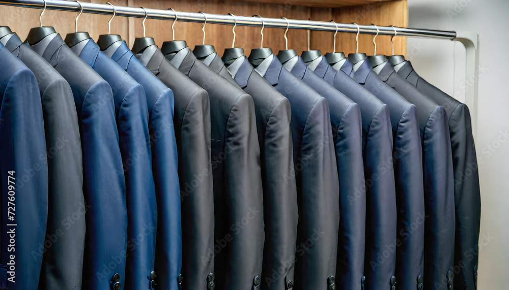 Suits. Clothing Rack. Menswear. Fashion. Tailoring. Wardrobe. Business Attire. Hanging. Formalwear. Mens Fashion. Store Display. Boutique. Elegant. Professional. Style. Garments. AI Generated.