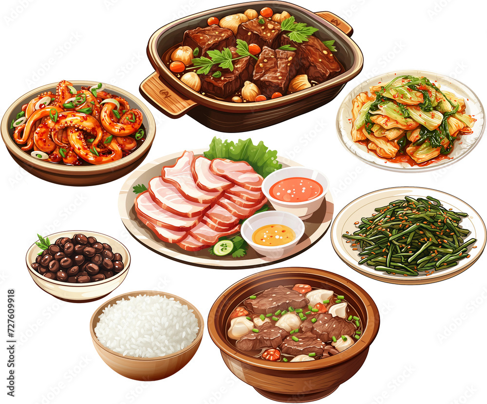Set of asian traditional dishes illustration