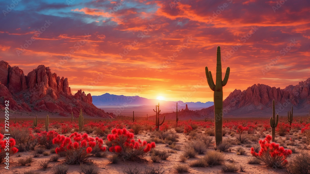 Magical scene of a desert sunset where the sky is painted in shades of crimson and burnt orange and casting a surreal glow on the rugged cactus landscape - obrazy, fototapety, plakaty 