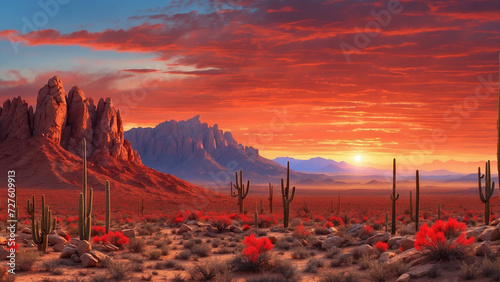 Magical scene of a desert sunset where the sky is painted in shades of crimson and burnt orange and casting a surreal glow on the rugged cactus landscape photo