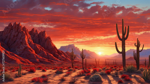 Magical scene of a desert sunset where the sky is painted in shades of crimson and burnt orange and casting a surreal glow on the rugged cactus landscape