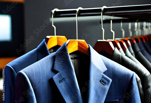 Suits. Clothing Rack. Menswear. Fashion. Tailoring. Wardrobe. Business Attire. Hanging. Formalwear. Mens Fashion. Store Display. Boutique. Elegant. Professional. Style. Garments. AI Generated.