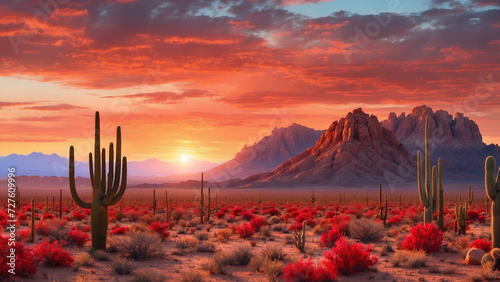 Magical scene of a desert sunset where the sky is painted in shades of crimson and burnt orange and casting a surreal glow on the rugged cactus landscape