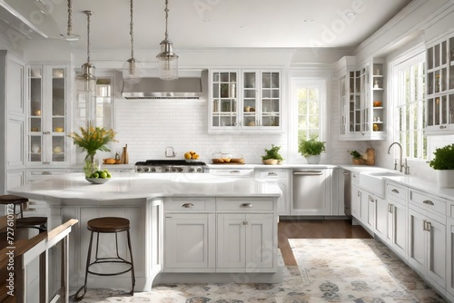A colonial revival-style kitchen with white painted cabinets, polished nickel hardware, and subway tile backsplash.