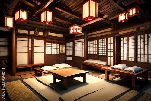 A traditional Korean Hanok bedroom with low wooden furniture, paper lanterns, and sliding doors.