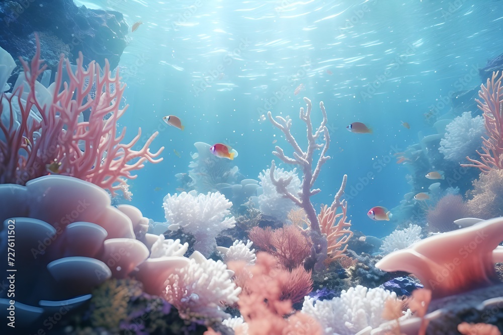 Fototapeta premium Beautiful Underwater Coral Reef During The Day With Sunlight Coming Through