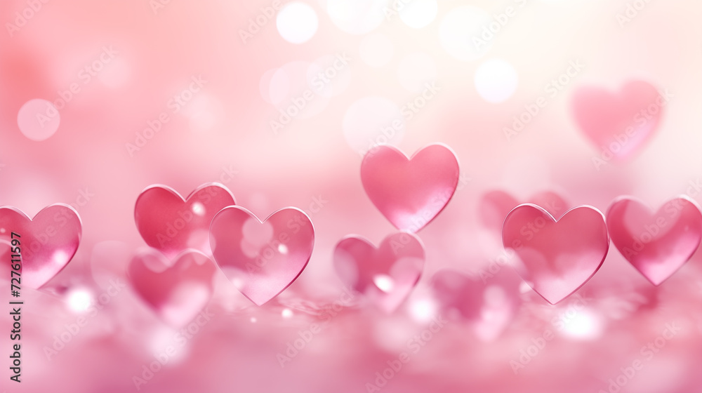 Valentine's Day. Pink hearts on light pink bokeh background with copy space for text. Valentine's Day digital greeting card. Banner, Web poster for Anniversary, Birthday, Wedding, Romantic.