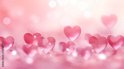 Valentine's Day. Pink hearts on light pink bokeh background with copy space for text. Valentine's Day digital greeting card. Banner, Web poster for Anniversary, Birthday, Wedding, Romantic.