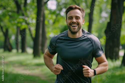 Smiling man enjoys jogging outdoors in a green park during summer, embodying an active and healthy lifestyle