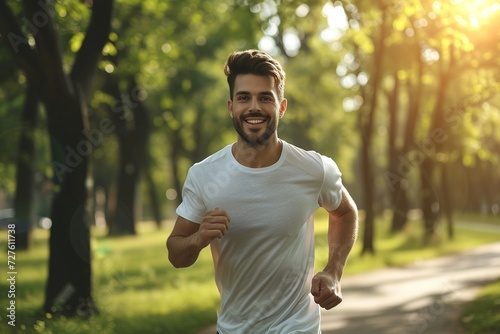Smiling man enjoys jogging outdoors in a green park during summer, embodying an active and healthy lifestyle
