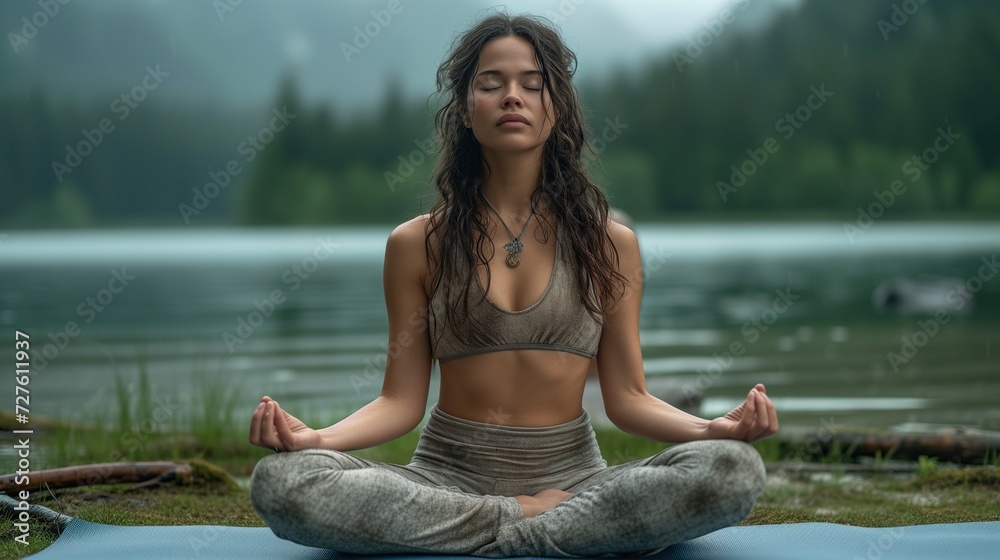 a young woman meditating near the lake