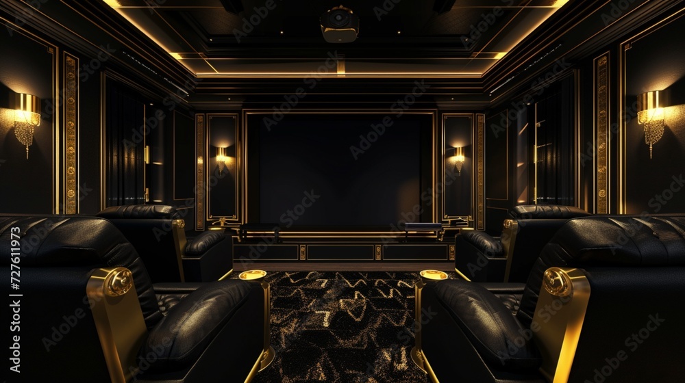 A modern black and gold home theater with plush black leather recliners, golden wall sconces ...