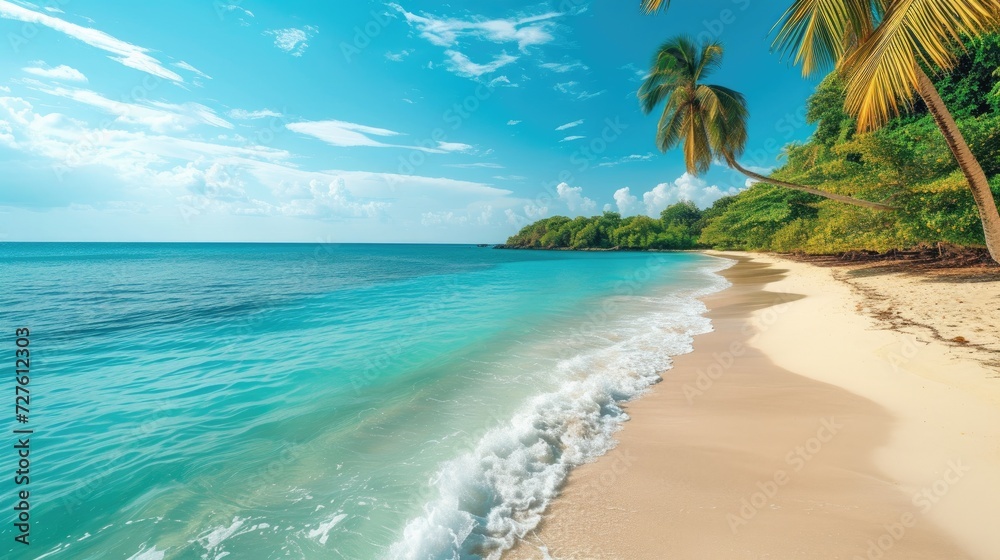 A summer shot of nature with beautiful coconut tree and sea view and empty space, Generative AI.