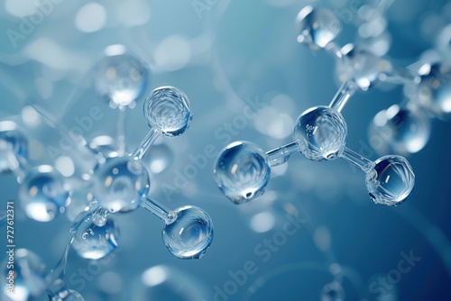Blue Technology-themed Water Molecule on Light Background with Molecular Structure - Science and Technology Illustration Design 3D Render 