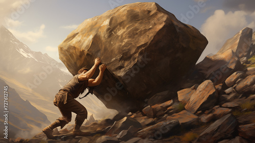 A Hard Worker Man Push a Big Rock Up hill. Pushing Boundaries, Metaphorical journey And Sisyphus Concept. Struggle, Determination and Resilient Challenge. Illustration  photo