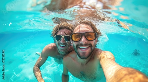 Happy buddies are posing for a selfie in the sea with the backdrop of blue, misty ocean, Generative AI. © MinixT