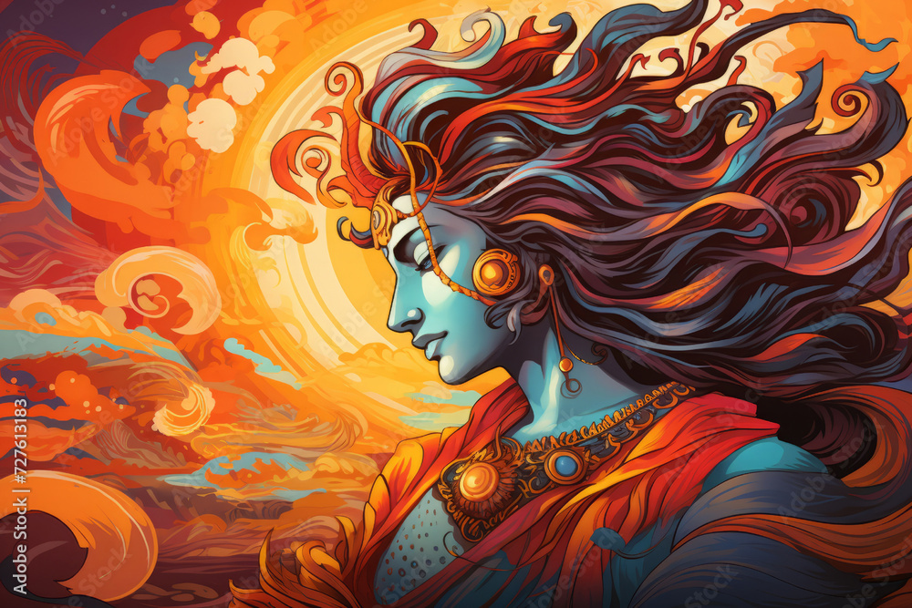 Hand-drawn illustration, concept Hindu holiday RamaNavami. swirling color, vibrant.