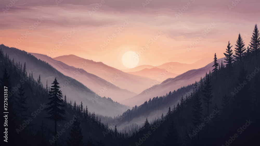 Obraz premium Illustration of sunset over peaceful mountains with pine tree silhouettes in modern monochrome style