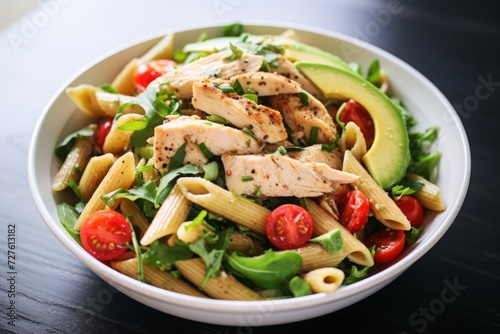 Salad with Chicken, Pasta, Avocado, Tomato and olive oil. recipe for cooking a healthy nutritious