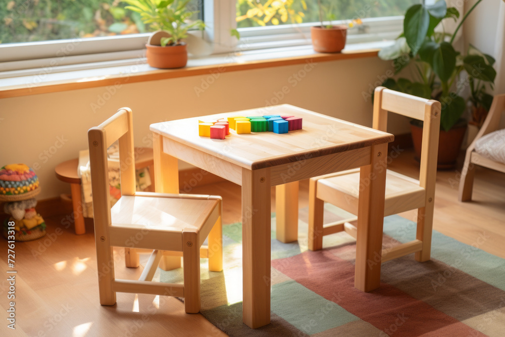 Montessori materials concept. empty low wooden table and chairs in kindergarten. Montessori materials concept. empty low wooden table and chairs in kindergarten.