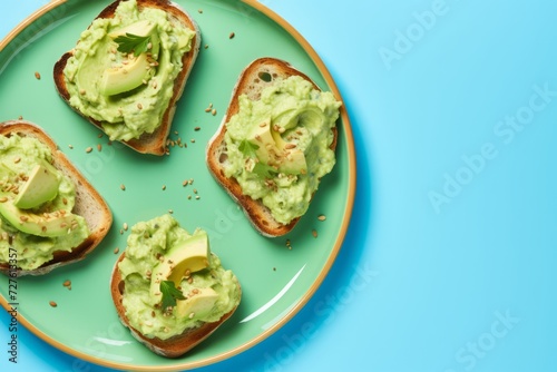 toast (crouton) with avocado cream on plate, delicious nutritious snack.
