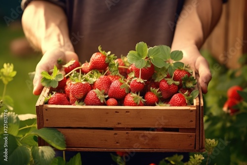 Male hands sorting strawberries in a wooden box
