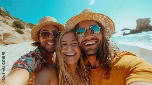 Happy surfing friends are taking selfie in sea with blue blurry sea in backdrop, Generative AI.