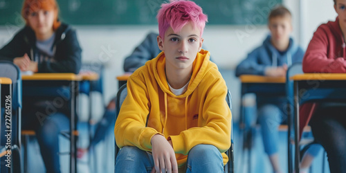 Groupmates bullying at sad boy with pink hair in school classroom, upset and stressed male student bullied by classmates in college. Being different standing out of crowd discrimination concept photo