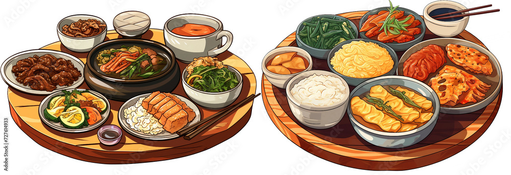 Set of asian traditional dishes illustration Set of asian traditional dishes illustration