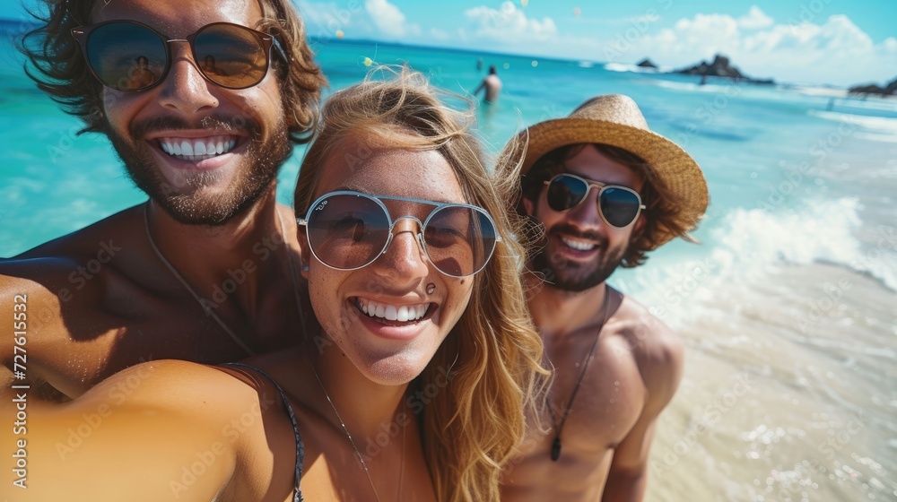 Happy surfing friends are taking selfie in sea with blue blurry sea in backdrop, Generative AI. Happy surfing friends are taking selfie in sea with blue blurry sea in backdrop, Generative AI.