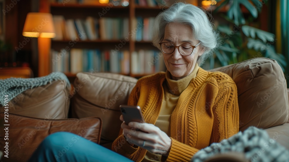 Mature Woman using smartphone sitting on couch with a fee space for text, Generative AI. Mature Woman using smartphone sitting on couch with a fee space for text, Generative AI.