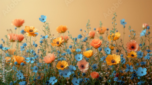 Sunset Hues in Blooming Field of Orange and Blue Flowers