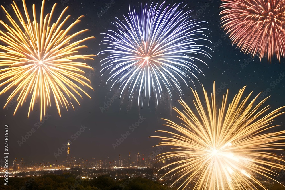 都市の夜空に打ち上がる花火、お祝いイメージ、新年