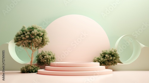 A svelte 3D podium, adorned with a sole topiary on its left, occupies the midground. A gradated pastel palette, ranging from mint to blush, serves as an understated backdrop.  photo