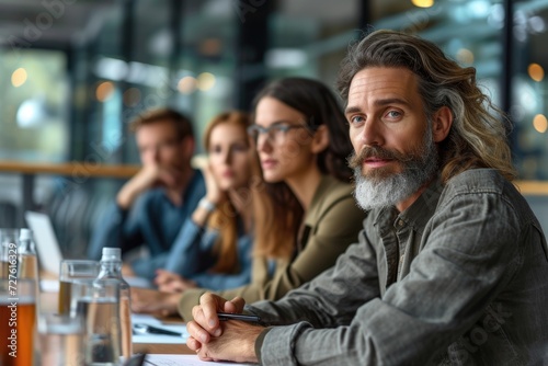 Professionals in a portrait are listening to talk about an office meeting that involves a copy space, Generative AI.