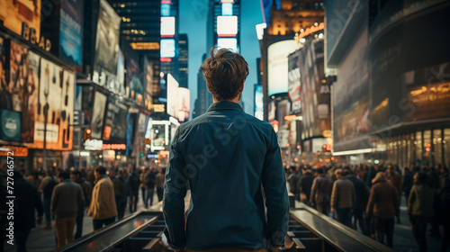 Back View of a Young Man standing in a Modern City Street with Unfamiliar Surroundings (people, place and buildings). The Stranger Alone in Public! 