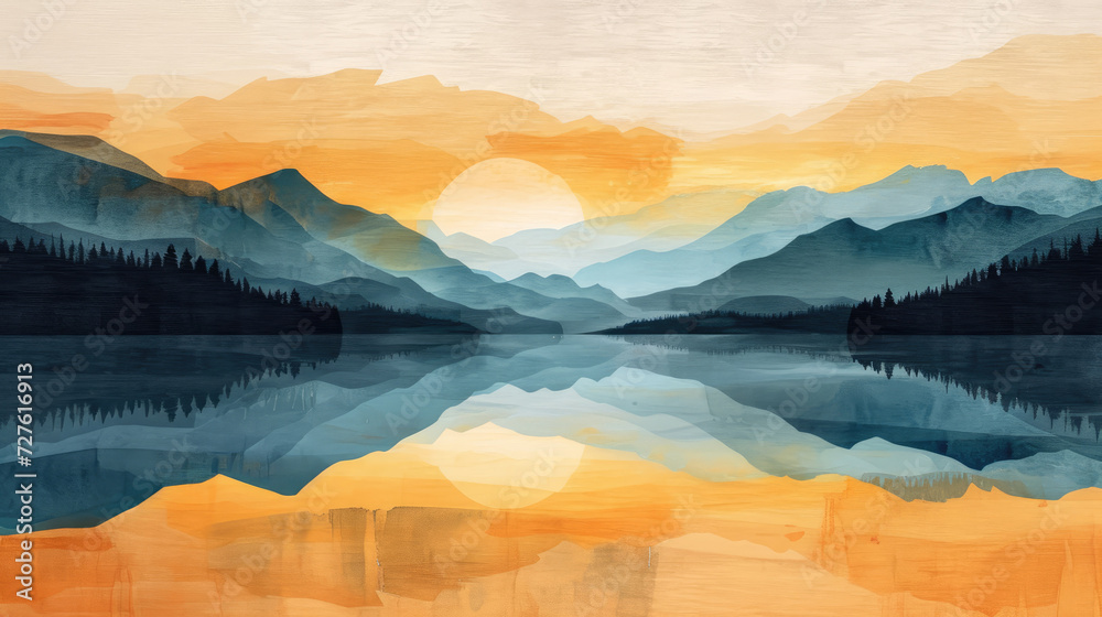 Illustration of sunset reflection on a calm lake with silhouettes of mountains and pine trees, modern monochrome style