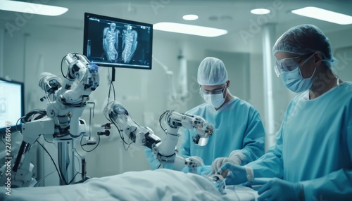 Modern surgical room where two individuals in surgical attire are assisted by a robotic arm, with medical imagery displayed on monitors.