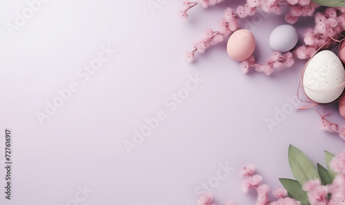Festive Easter background. Easter eggs with flowers on violet table. Flat lay.